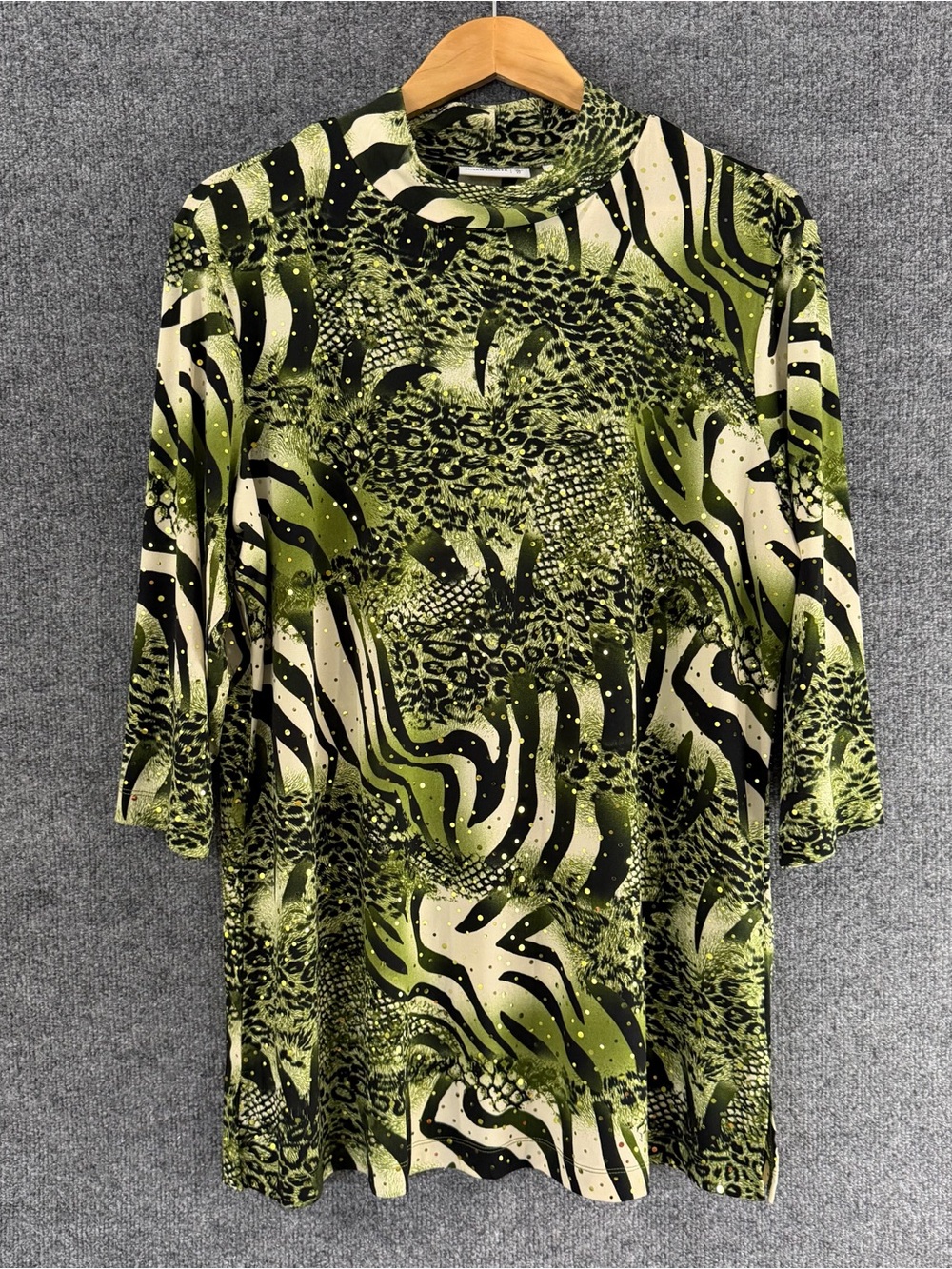 Susan Graver Womens Liquid Knit Sequined Animal Print Tunic Size Large Green